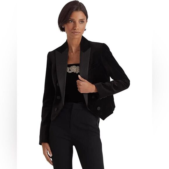 NWT LAUREN Ralph Lauren Petite Stretch Velvet Cropped Blazer black Sz 22W